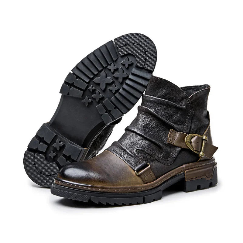 Maxwell™ Leather Biker Boots with Buckle and Zipper