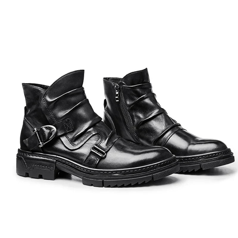 Maxwell™ Leather Biker Boots with Buckle and Zipper