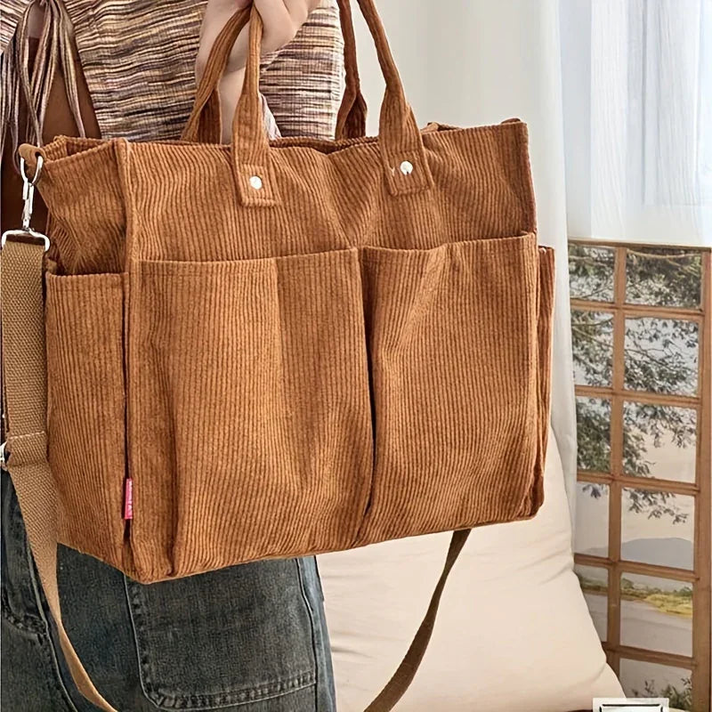 Audrey™ SunnyCord Tote - Gele Corduroy met Schouderband en Vakken