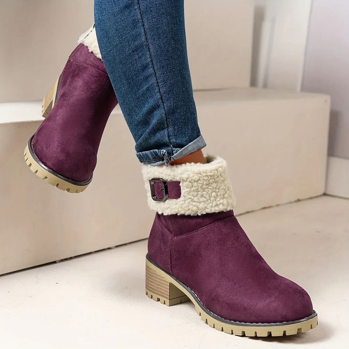 Vivienne™ CozyChic Ankle Boots | Purple Boots with Fleece Lining and Buckle