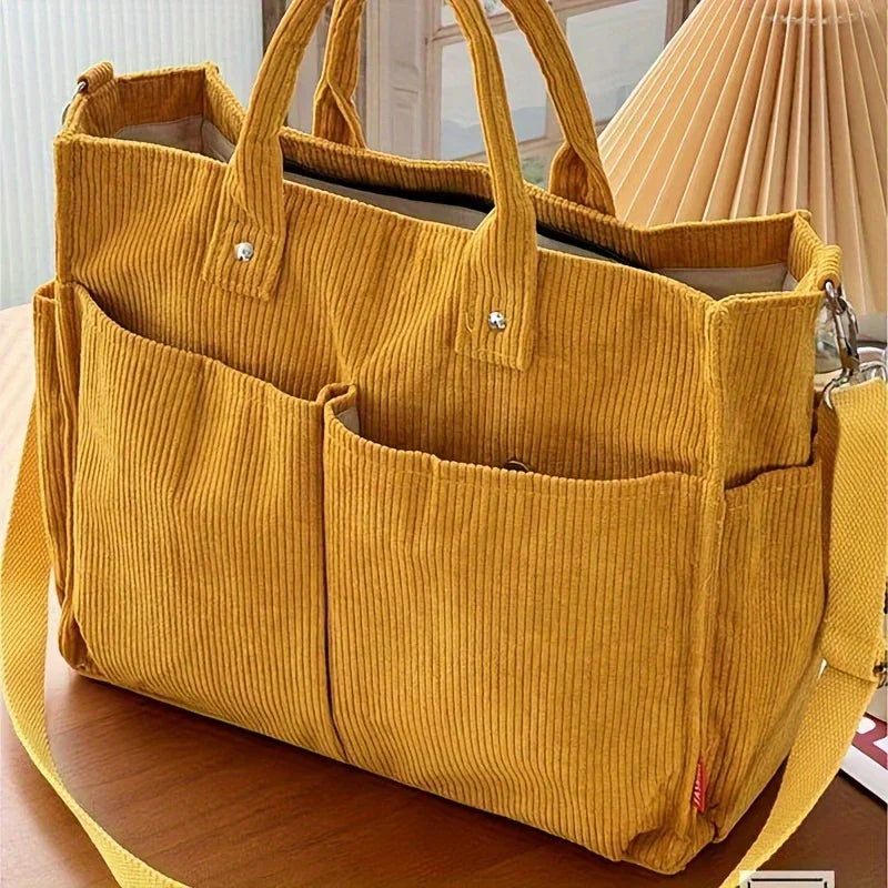 Audrey™ SunnyCord Tote - Gele Corduroy met Schouderband en Vakken
