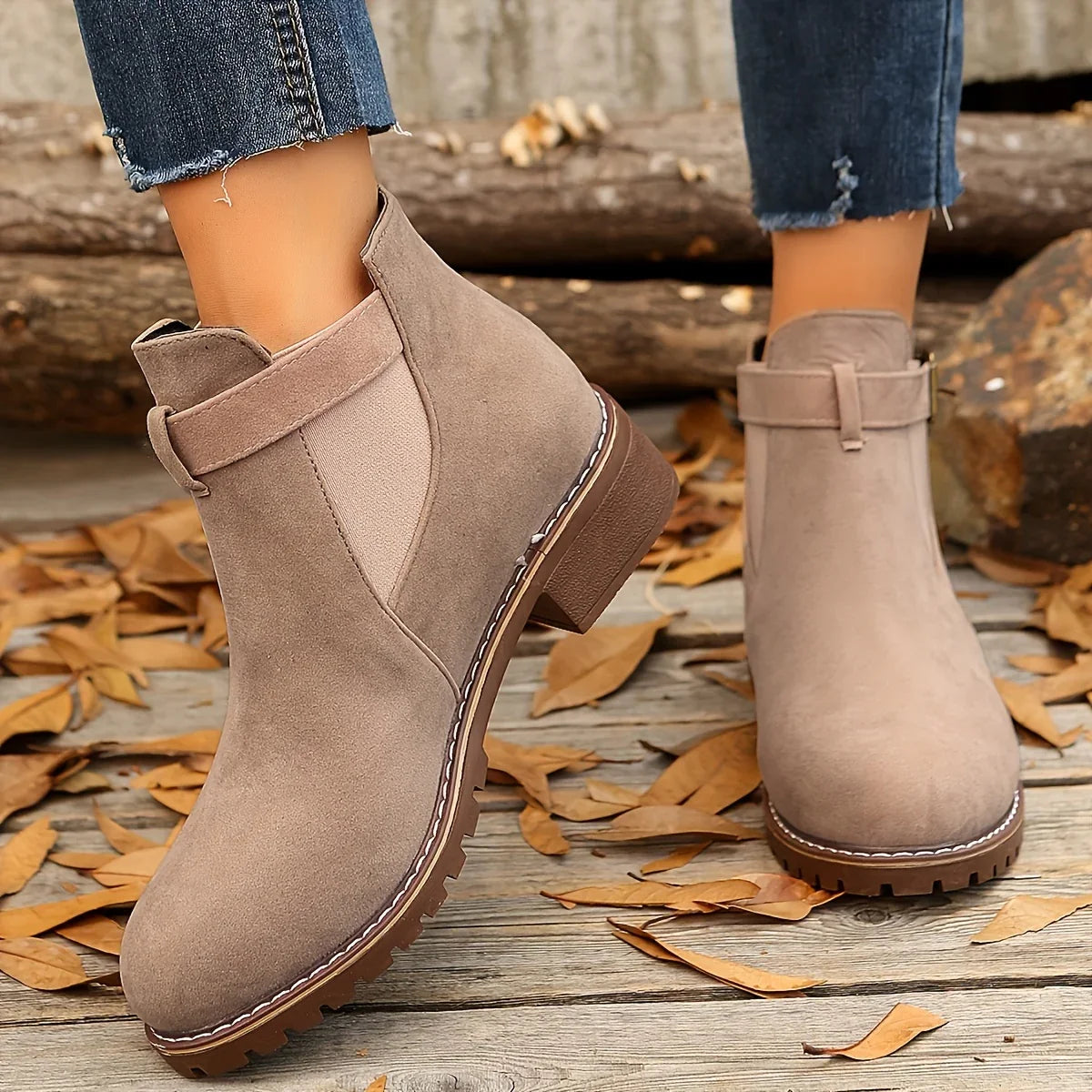 Clara™ Chic Buckle Ankle Boots | Brown Low-Heeled Booties