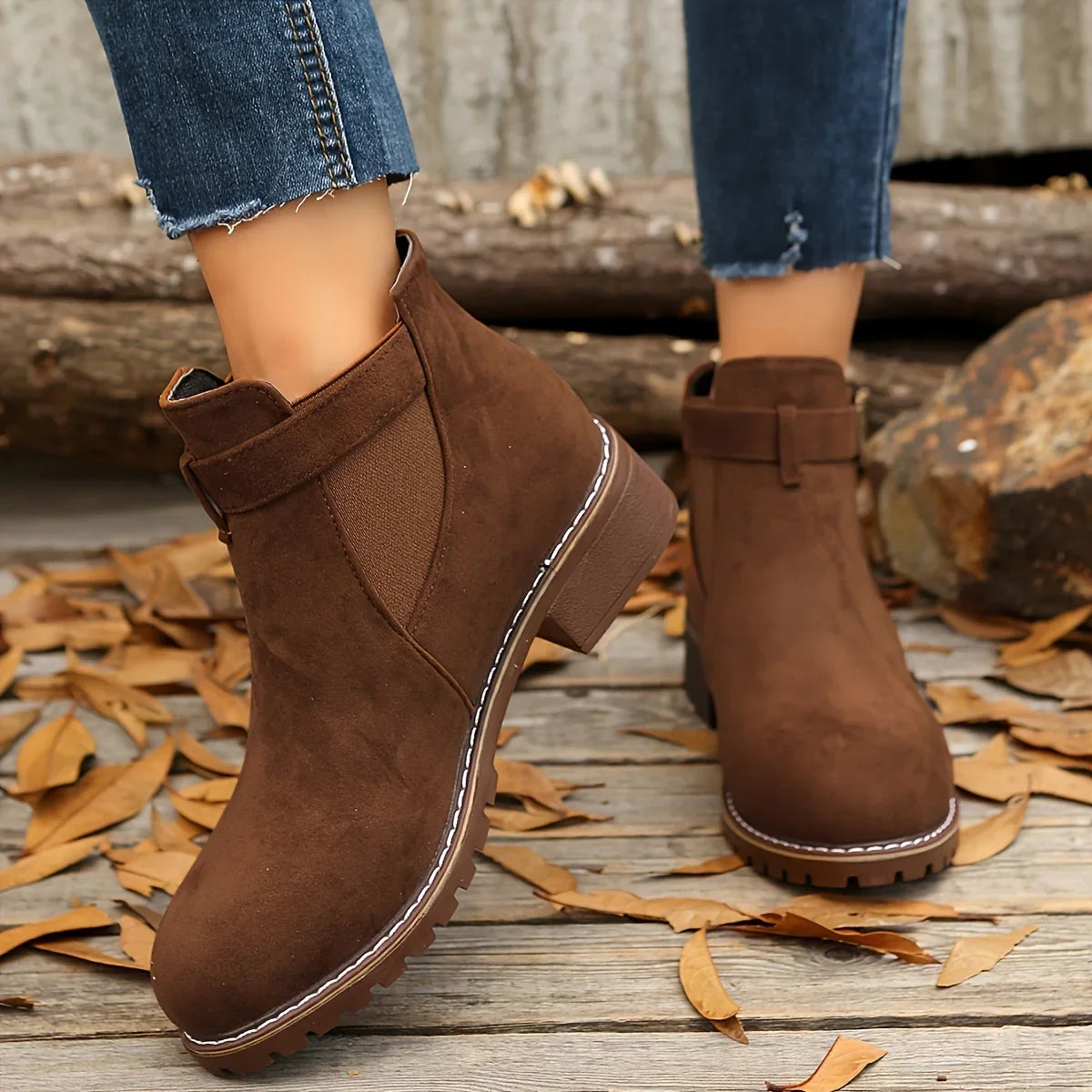 Clara™ Chic Buckle Ankle Boots | Brown Low-Heeled Booties