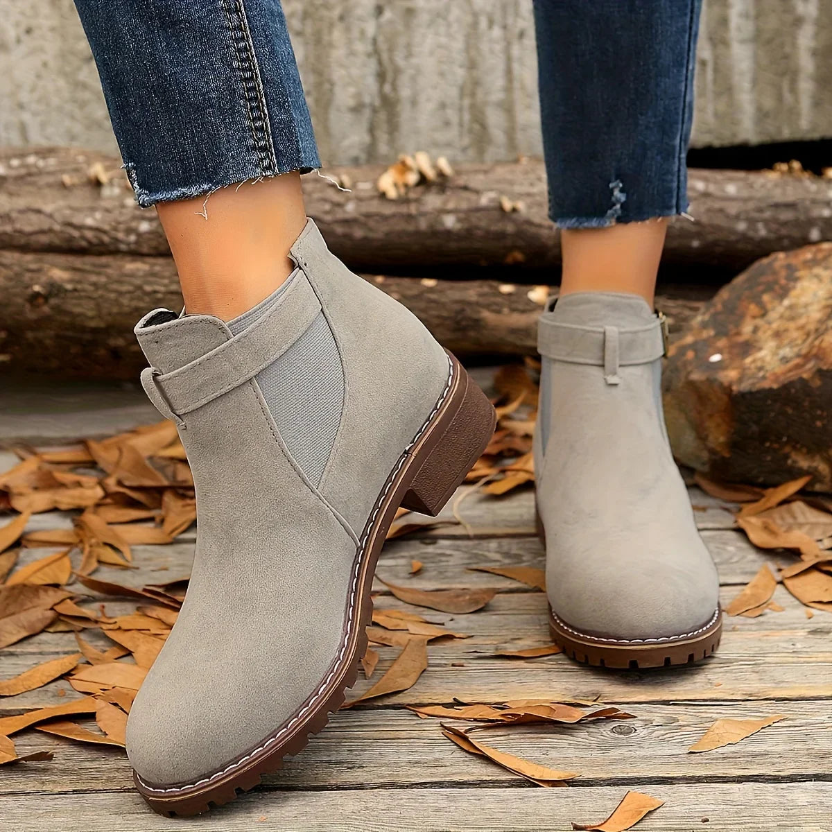 Clara™ Chic Buckle Ankle Boots | Brown Low-Heeled Booties