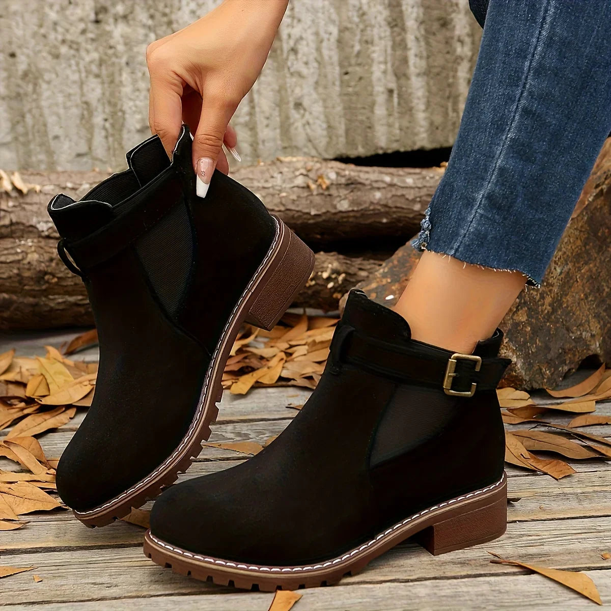 Clara™ Chic Buckle Ankle Boots | Brown Low-Heeled Booties
